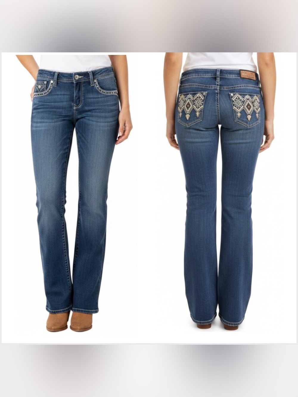 Grace in L.A. Blue Embellished Western Boho Embroidered Bootcut Jeans Size 30